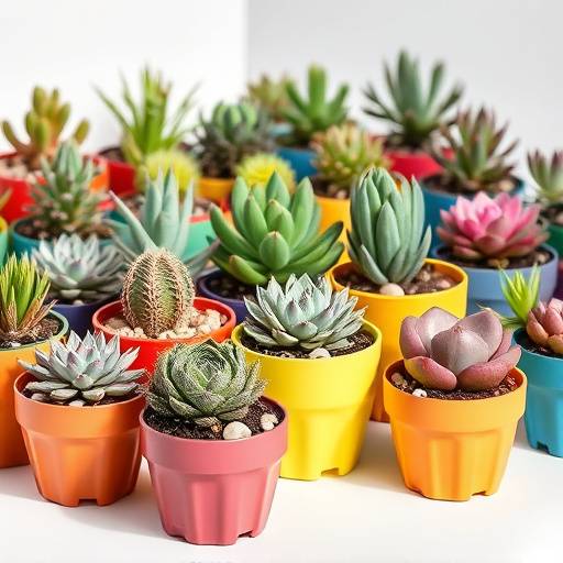 Coleäão de suculentas variadas em pequenos vasos coloridos
