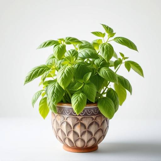 Manjericão verde folhoso em um vaso decorativo