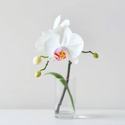 Orquídea Phalaenopsis branca em um vaso de vidro transparente
